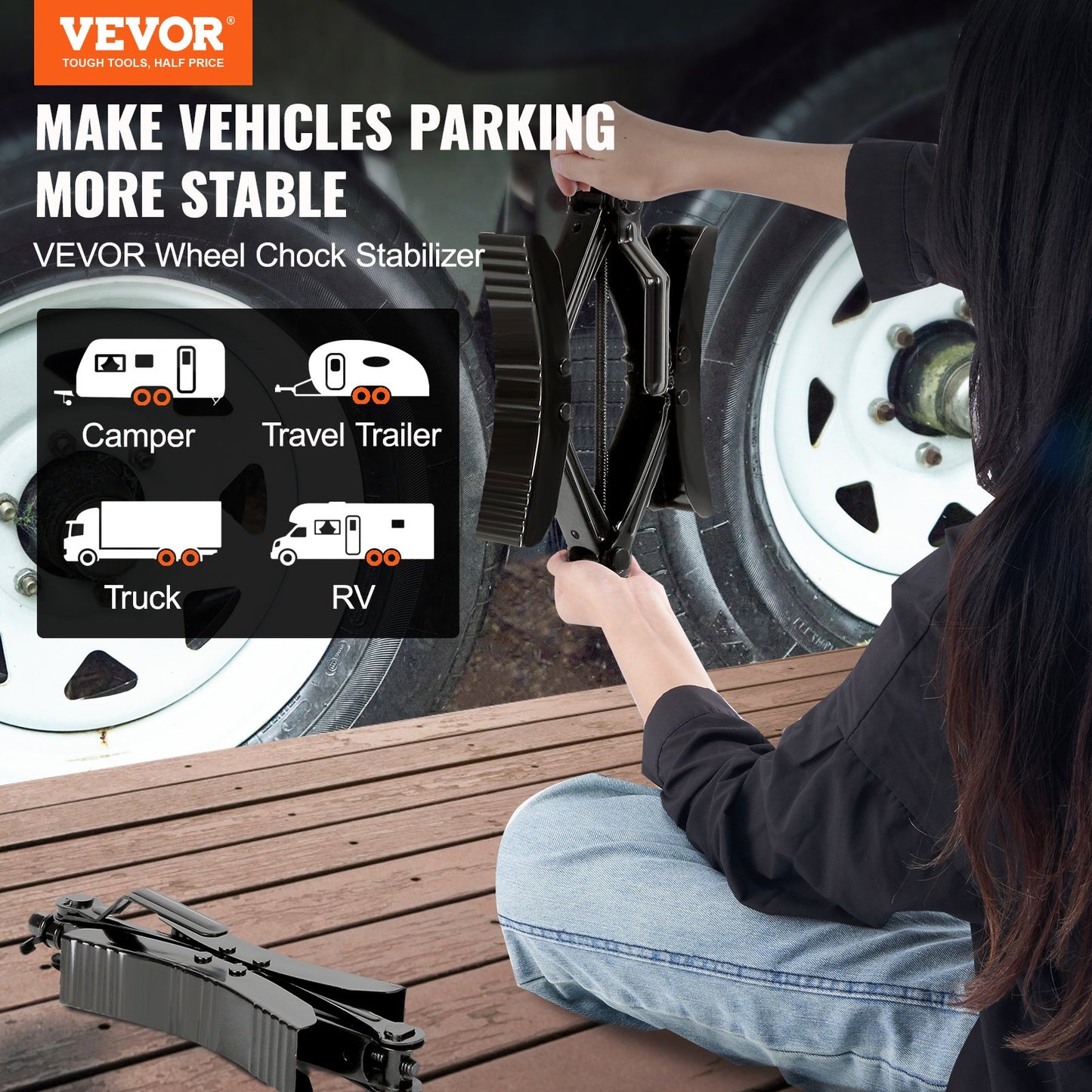 Wheel chock stabilizer 2 sets for motorhomes with ratchet wrench
