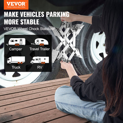 Camper Wheel Chock Stabilizer, X-Shaped RV Stabilizer Wheel Chock, Fits 1.5" to 10" Tire Space, 2 Sets of Wheel Chocks with Ratchet Wrench and Storage Bag for Campers Travel Trailers Trucks