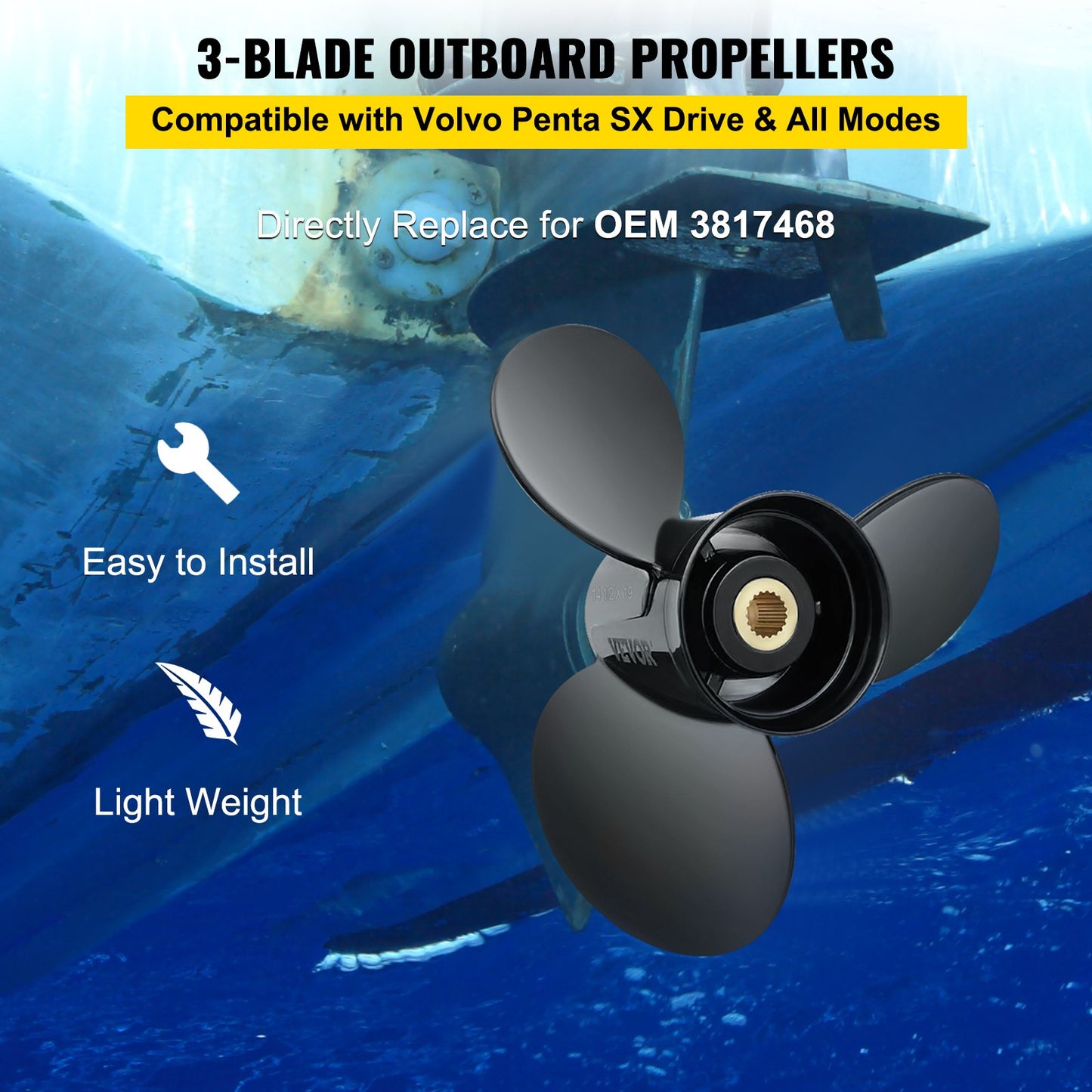 Outboard Propeller, Replaces OEM 3817468, 3-Blade 14.5\" x 19\" Aluminum Boat Propeller, Compatible with Volvo Penta SX Drive All Models, with 19 Tooth Splines, RH