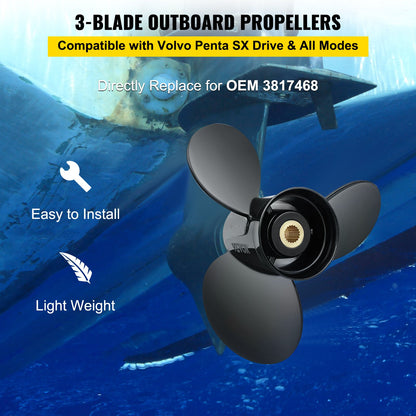 Outboard Propeller, Replaces OEM 3817468, 3-Blade 14.5\" x 19\" Aluminum Boat Propeller, Compatible with Volvo Penta SX Drive All Models, with 19 Tooth Splines, RH