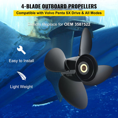 Outboard Propeller, Replaces OEM 3587522, 4-blade 14 1/4\" x 19\" Aluminum Boat Propeller, Compatible with Volvo Penta SX Drive All Models, with 19 Tooth Splines, RH