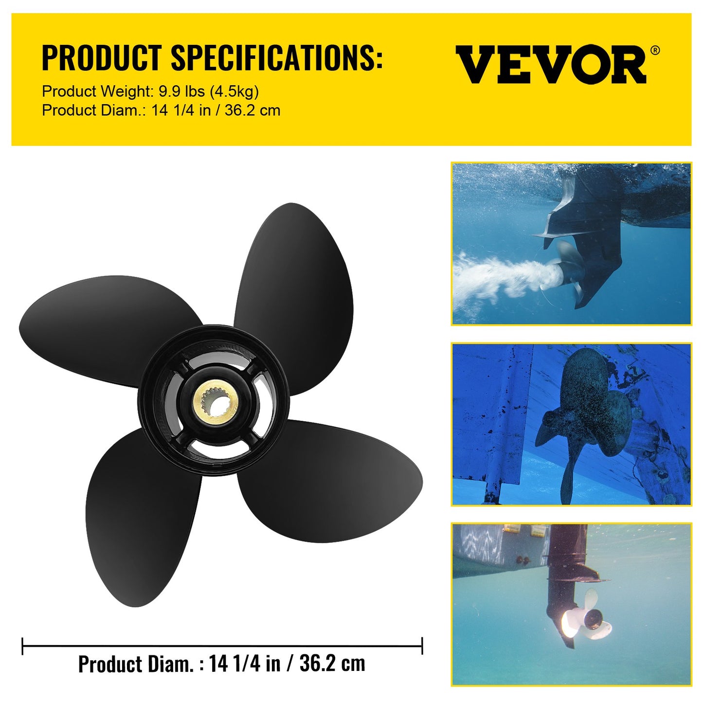 Outboard Propeller, Replaces OEM 3587522, 4-blade 14 1/4\" x 19\" Aluminum Boat Propeller, Compatible with Volvo Penta SX Drive All Models, with 19 Tooth Splines, RH
