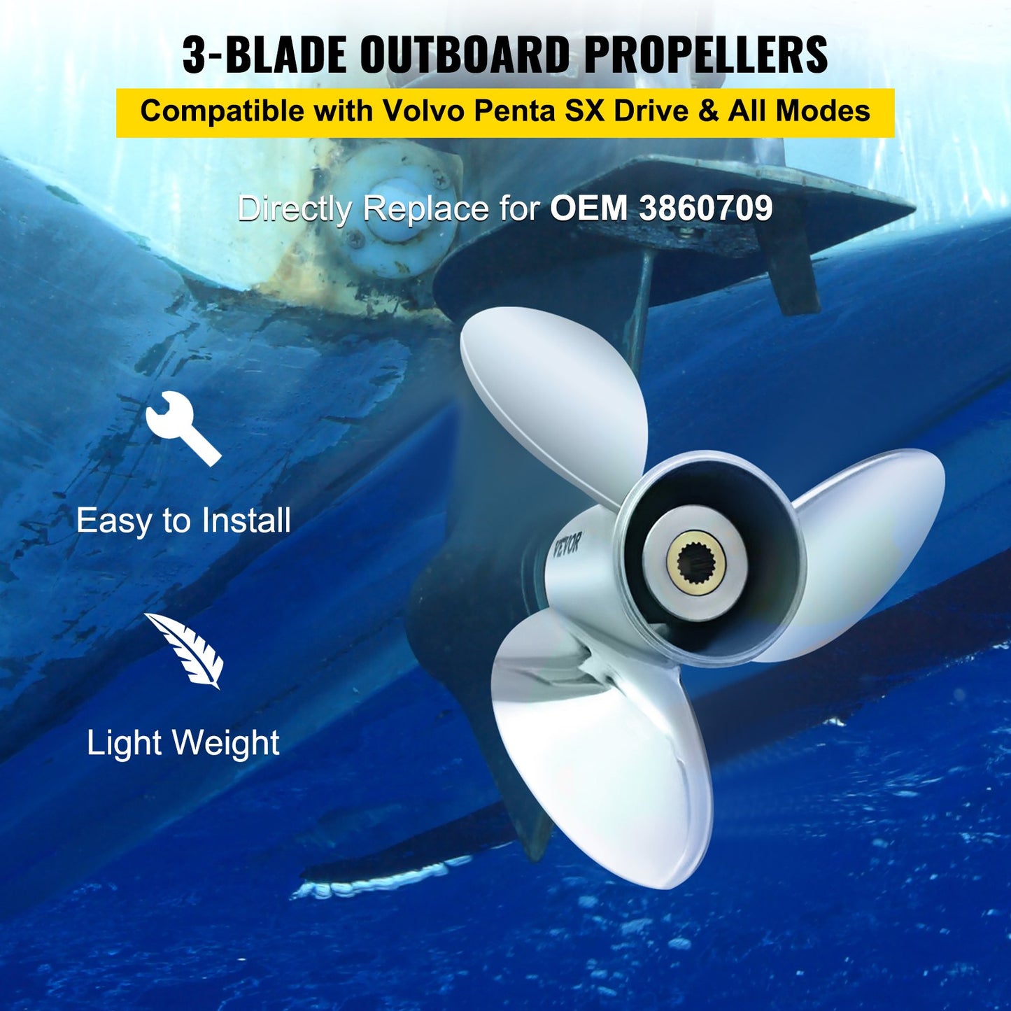 Outboard Propeller, Replaces OEM 3860709, 3-Blade 14.5\" x 21\" Pitch Steel Boat Propeller, Compatible with Volvo Penta SX Drive All Models, with 19 Tooth Splines, RH