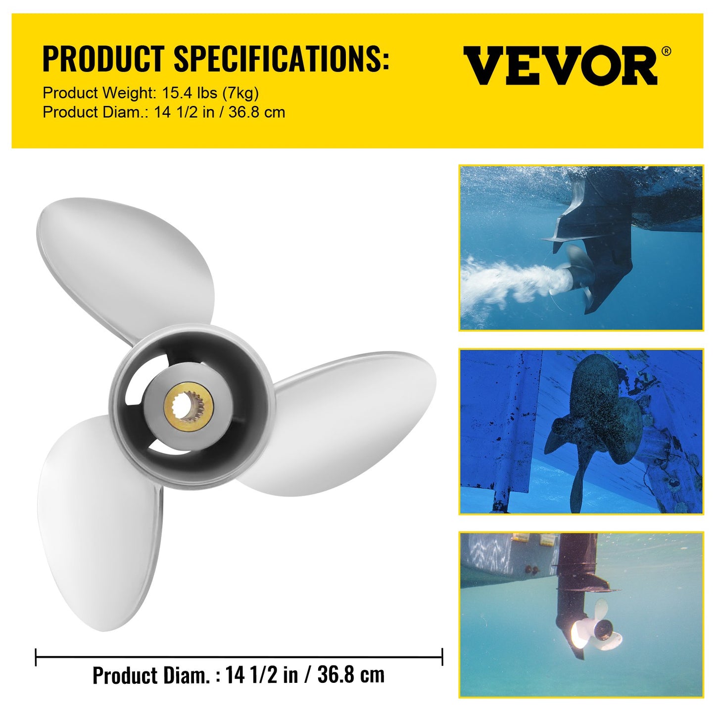 Outboard Propeller, Replaces OEM 3860709, 3-Blade 14.5\" x 21\" Pitch Steel Boat Propeller, Compatible with Volvo Penta SX Drive All Models, with 19 Tooth Splines, RH