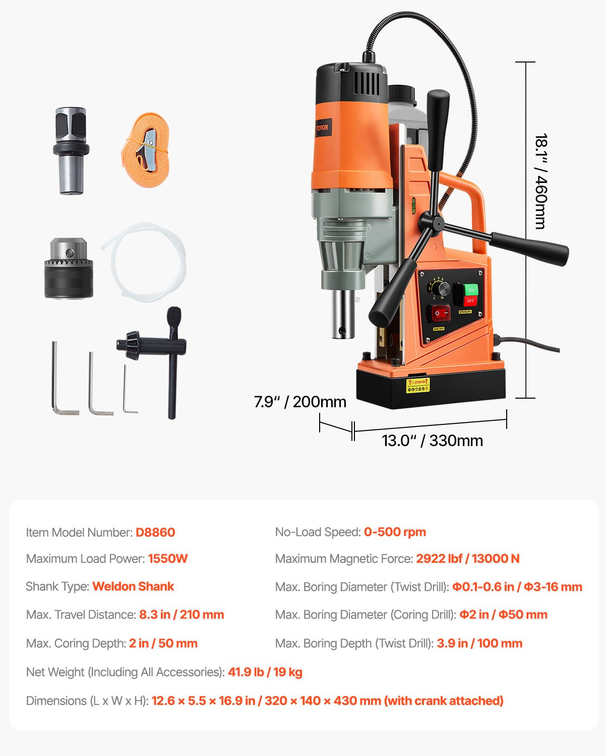 Magnetborrmaskin Magnetisk Borra 1550W 2922lbf/13000N Bärbar Mag Drill Tryck på 500rpm