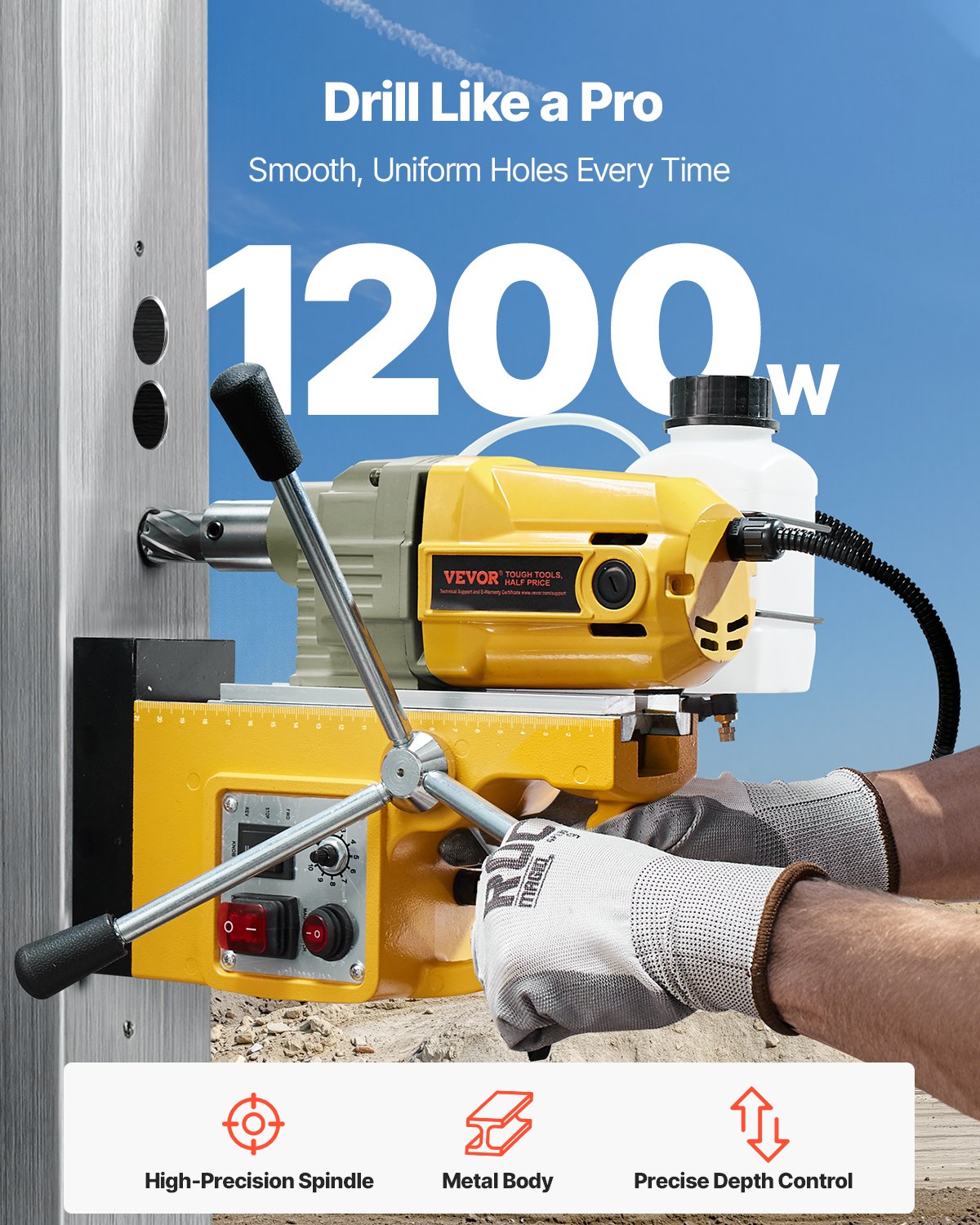 Magnetic Drill 1200W 2810 lbf Mag Drill Press 1.6 in Drill Diameter Yellow