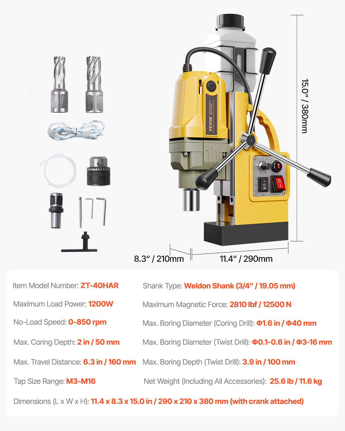 Magnetic Drill 1200W 2810 lbf Mag Drill Press 1.6 in Drill Diameter Yellow