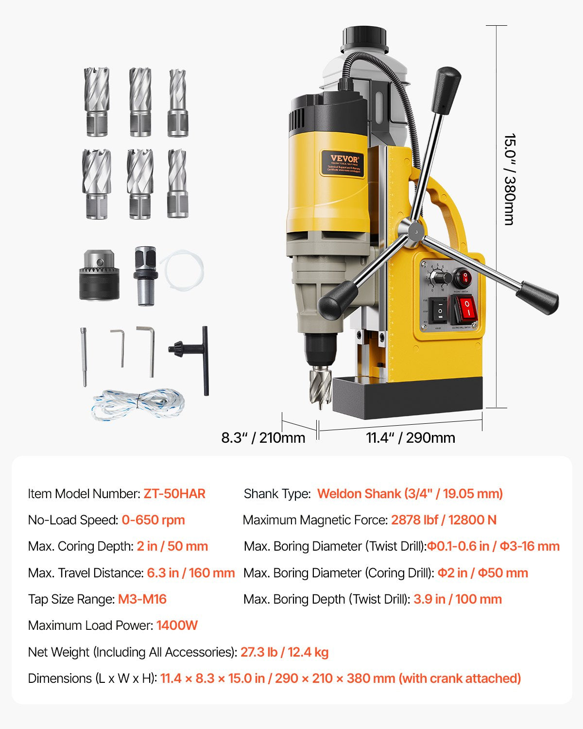 Magnetisk borr 1400W 2878 lbf Mag borrpress 2 i borrdiameter 6 bitar gul