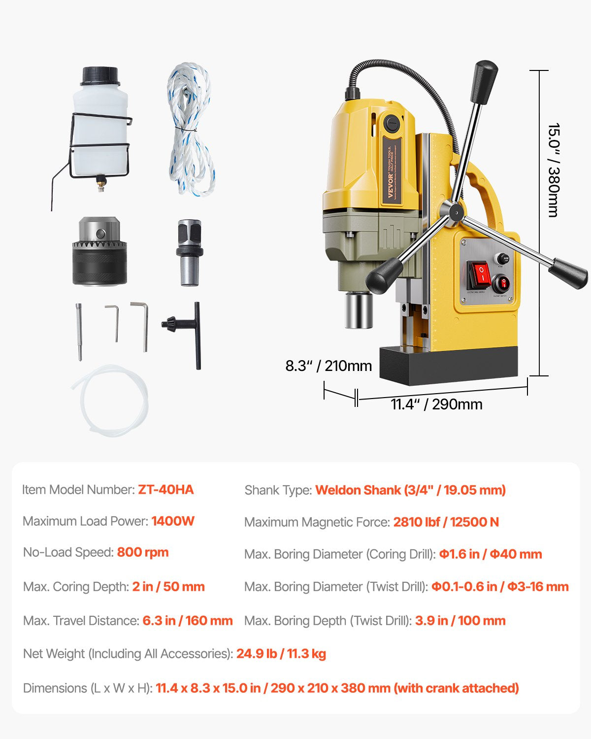 Magnetisk borr 1400W 2810 lbf Mag borrpress 1,6 i borrdiameter 800 rpm