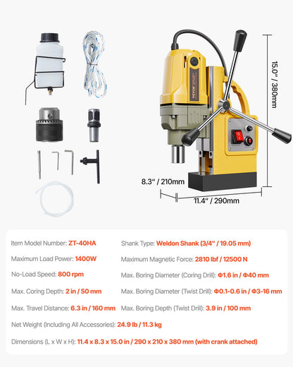 Magnetisk borr 1400W 2810 lbf Mag borrpress 1,6 i borrdiameter 800 rpm