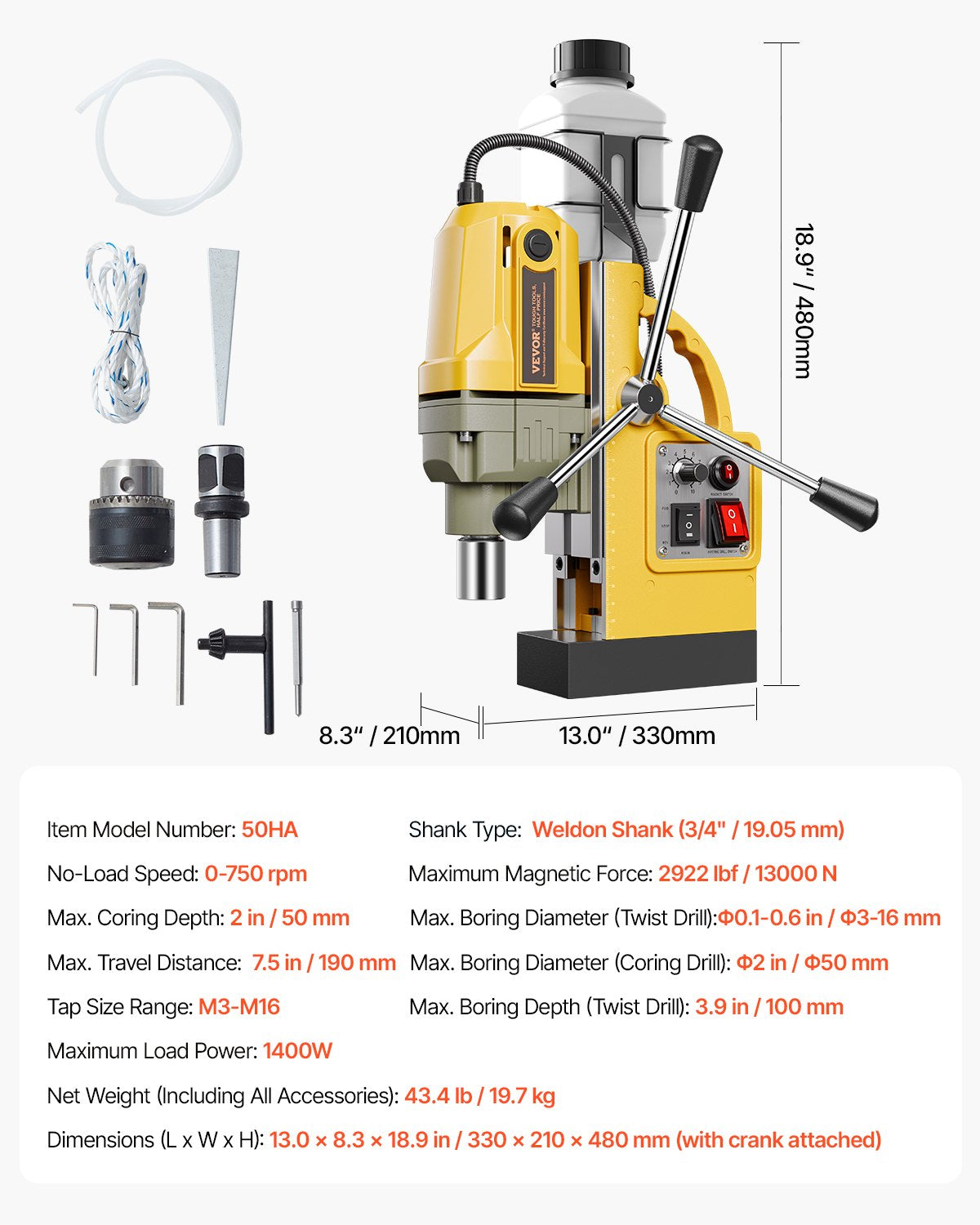 Magnetic drill 1400W 2922 lbf Mag drill press 2 in drill diameter 0-750 rpm