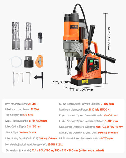 Magnetic Drill 1450W 2810 lbf Portable Mag Drill Press 1.6 in Drill Diameter