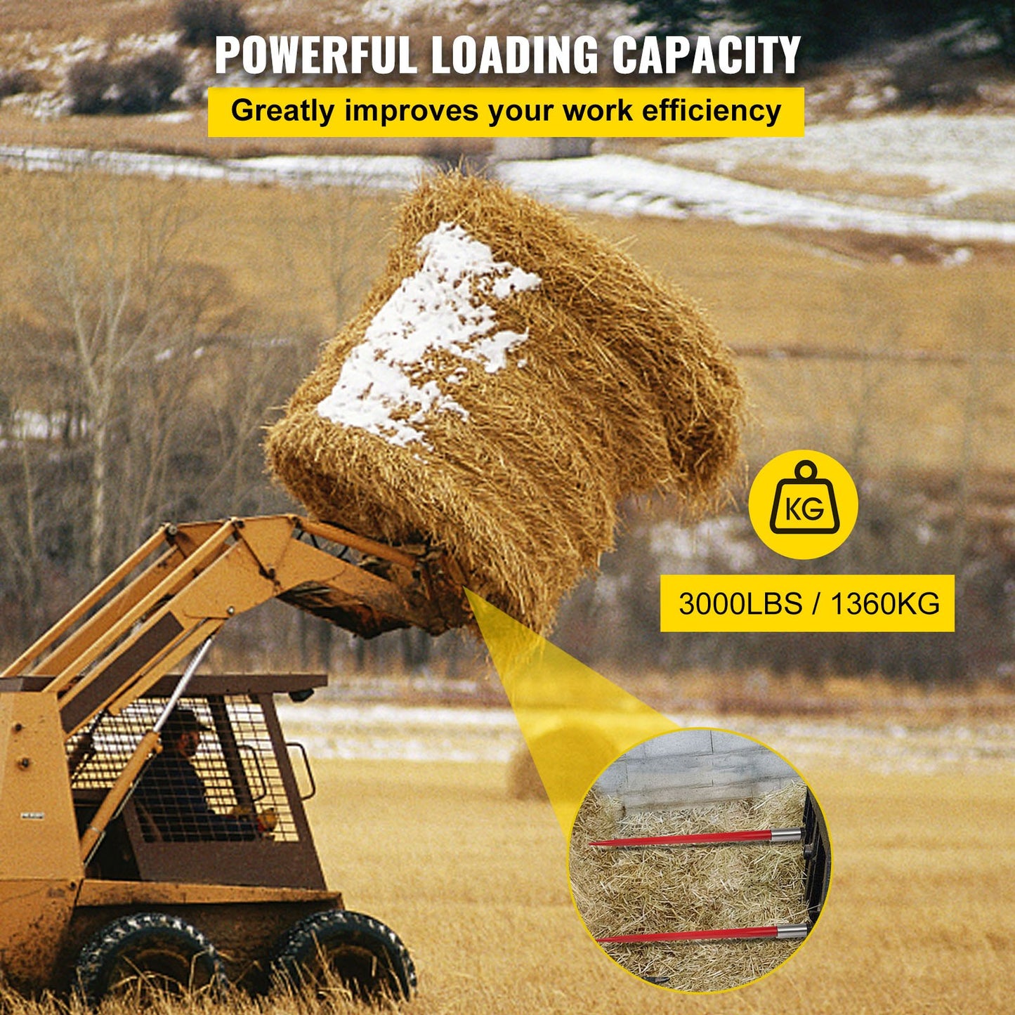 Pair Hay Spear 43" Bale Spear 3000 lbs Capacity, Bale Tip Quick Attach Square Hay Bale Spears 1 3/4", Red Coated Bale Forks, Bale Hay Tip with Hex Nut and Sleeve for Buckets Tractors Loaders