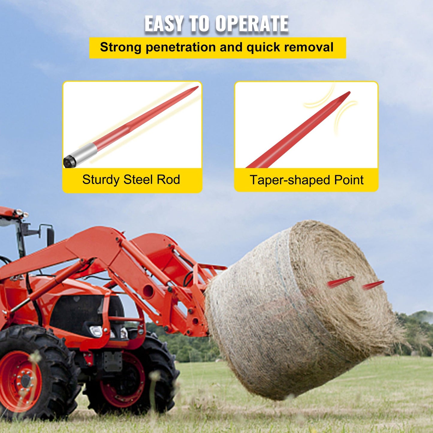 Pair Hay Spear 43" Bale Spear 3000 lbs Capacity, Bale Tip Quick Attach Square Hay Bale Spears 1 3/4", Red Coated Bale Forks, Bale Hay Tip with Hex Nut and Sleeve for Buckets Tractors Loaders