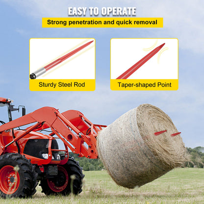 Pair Hay Spear 43" Bale Spear 3000 lbs Capacity, Bale Tip Quick Attach Square Hay Bale Spears 1 3/4", Red Coated Bale Forks, Bale Hay Tip with Hex Nut and Sleeve for Buckets Tractors Loaders