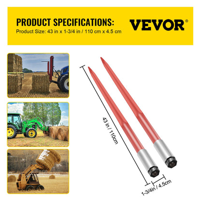 Pair Hay Spear 43" Bale Spear 3000 lbs Capacity, Bale Tip Quick Attach Square Hay Bale Spears 1 3/4", Red Coated Bale Forks, Bale Hay Tip with Hex Nut and Sleeve for Buckets Tractors Loaders