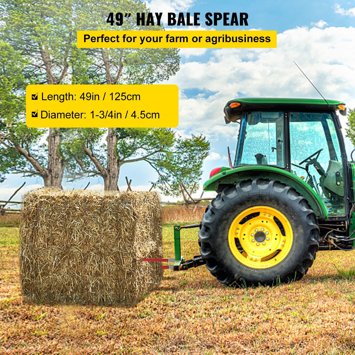 Pair Hay Spear 49" Bale Spear 3000 lbs Capacity, Bale Spear Quick Attach Square Hay Bale Spears 1 3/4", Red Coated Bale Forks, Bale Hay Spike with Hex Nut &amp; Socket for Buckets Tractors Loaders