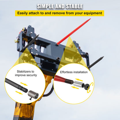 Hay Spear 49" Balspjut 3000 lbs Kapacitet, Balspets Snabbfäste Fyrkantiga Höbalspjut, Rödbelagda balgafflar, Balhö Spike med 2 stabilisatorspjut