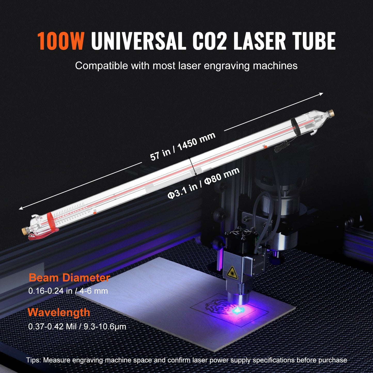 100W CO2 laserrör 57 tum / 1450 mm borosilikatglas laserskärrör