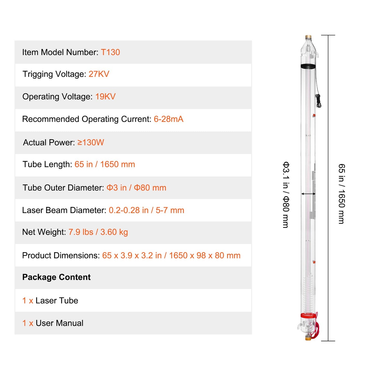 130W CO2 laserrör 65 tum / 1650 mm borosilikatglas laserskärrör