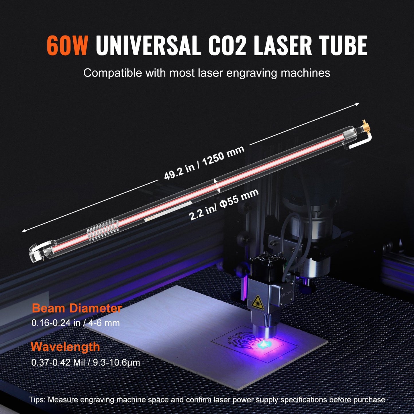 60W CO2 laser tube 49.2 inch/1250mm borosilicate glass laser cutting tube