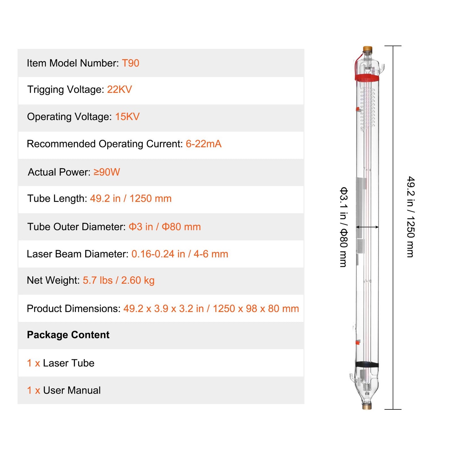 90W CO2 laserrör 49,2 tum / 1250 mm borosilikatglas laserskärrör