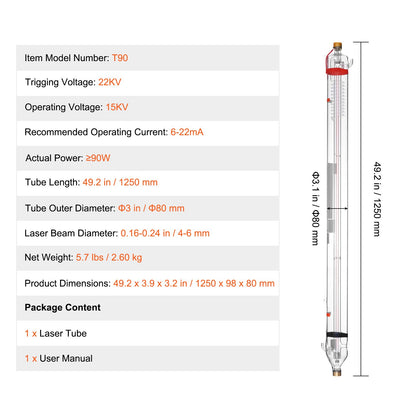 90W CO2 laserrör 49,2 tum / 1250 mm borosilikatglas laserskärrör