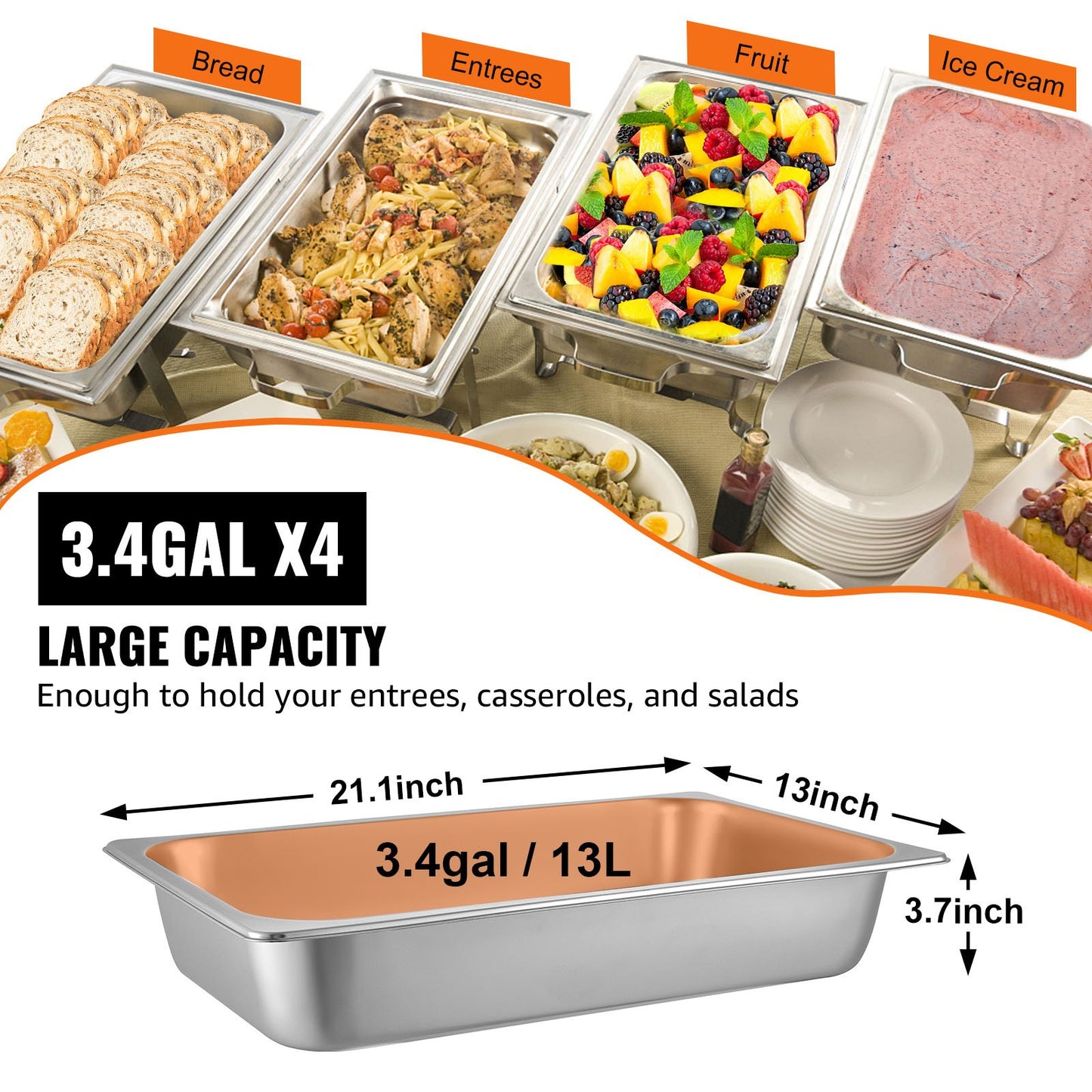 4-pack ångbordskärl 20,9 x 12,8 x 3,9 tum djupt ångbordskärl Full storlek 13L Djupmatbehållare Rostfritt stål Ugnsbricka Hotellpannor Anti-jam Ångbordsmatpanna