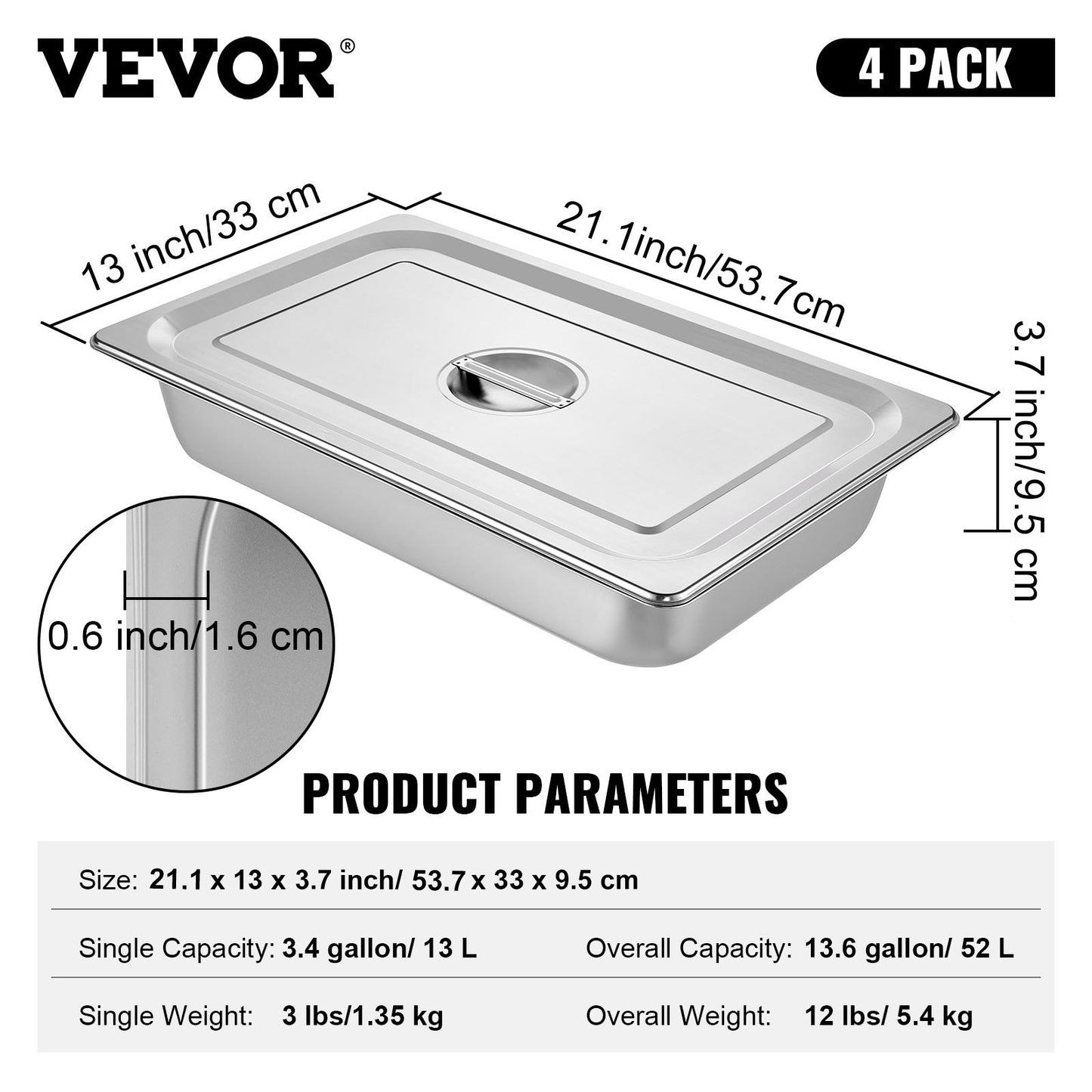 4-pack ångbordskärl 20,9 x 12,8 x 3,9 tum djupt ångbordskärl Full storlek 13L Djupmatbehållare Rostfritt stål Ugnsbricka Hotellpannor Anti-jam Ångbordsmatpanna