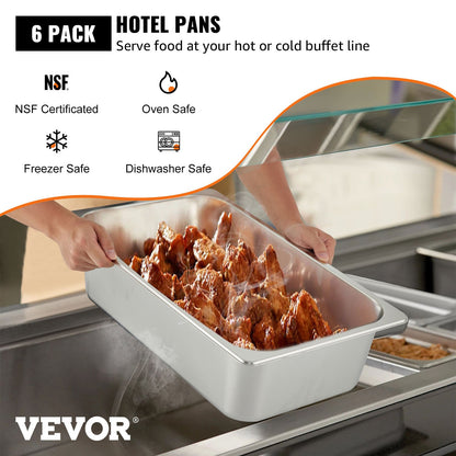 6-pack ångbordskärl 20,9 x 12,8 x 5,9 tum Djup ångbordspanna Full storlek 20,5L Djupmatbehållare i rostfritt stål Ugnsbricka Hotellpannor Anti-Jam Ångbord Matpanna