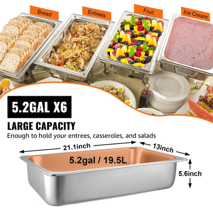 6-pack ångbordskärl 20,9 x 12,8 x 5,9 tum Djup ångbordspanna Full storlek 20,5L Djupmatbehållare i rostfritt stål Ugnsbricka Hotellpannor Anti-Jam Ångbord Matpanna