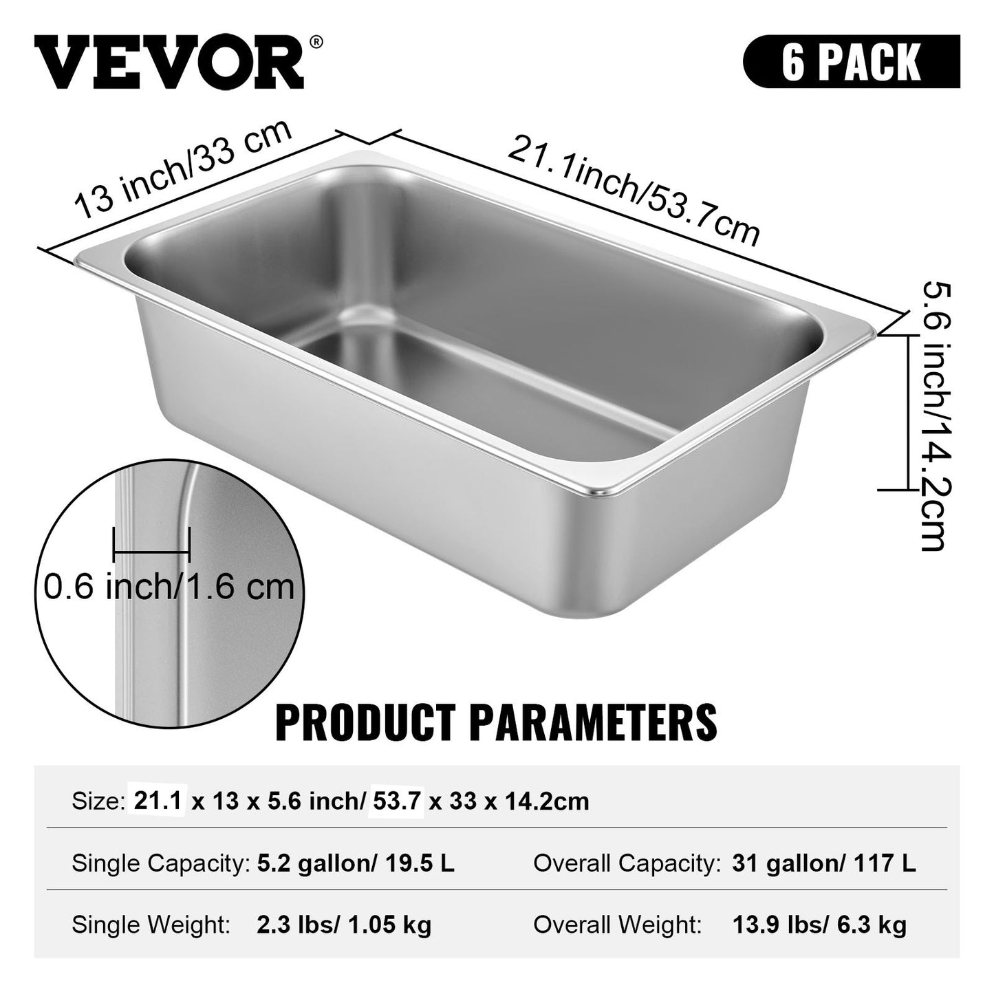 6-pack ångbordskärl 20,9 x 12,8 x 5,9 tum Djup ångbordspanna Full storlek 20,5L Djupmatbehållare i rostfritt stål Ugnsbricka Hotellpannor Anti-Jam Ångbord Matpanna