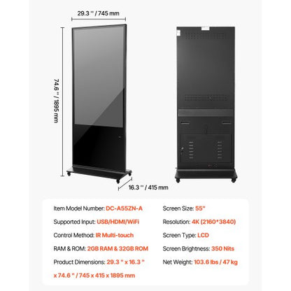 55" Digital Signage Display Pekskärm 4K UHD LCD Golvstående Kiosk |  EU