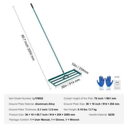 Utjämningsräfsa, 91,4 x 25,4 cm Utjämnande gräsmatta, kraftig gräsmatta med 198,1 cm förlängt handtag i stål, Utjämningsräknare för trädgård, golfgräsmatta, gård