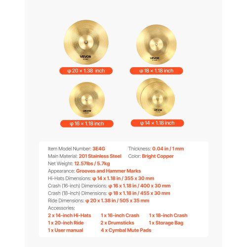 Cymbalpaket 4 delar Cymbaler Trumset 14 16 18 20 tum Cymbaler för trummor