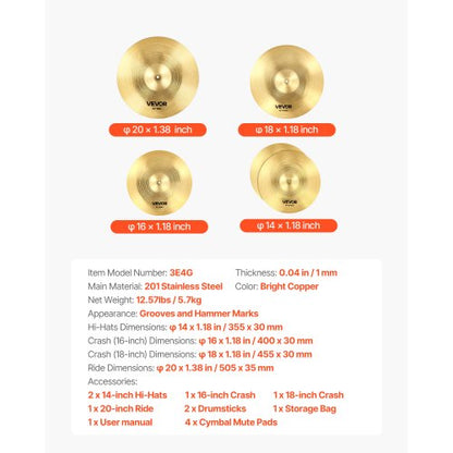 Cymbalpaket 4 delar Cymbaler Trumset 14 16 18 20 tum Cymbaler för trummor