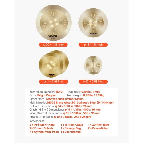 Cymbalpaket 4 delar Cymbaler Trumset 10 14 16 20 tum Cymbaler för trummor