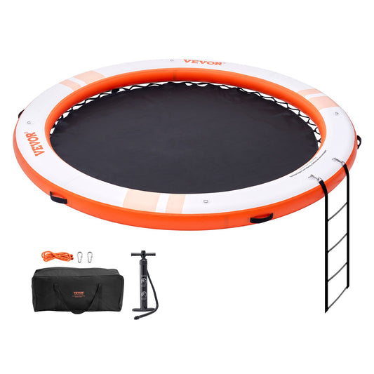 Uppblåsbar flytbrygga, ø10FT Uppblåsbar hamnplattform med ø8FT trampolinnätpool, halkfri flytande plattform Vattenmatta med bärbar väska och avtagbar stege för avkoppling vid poolen