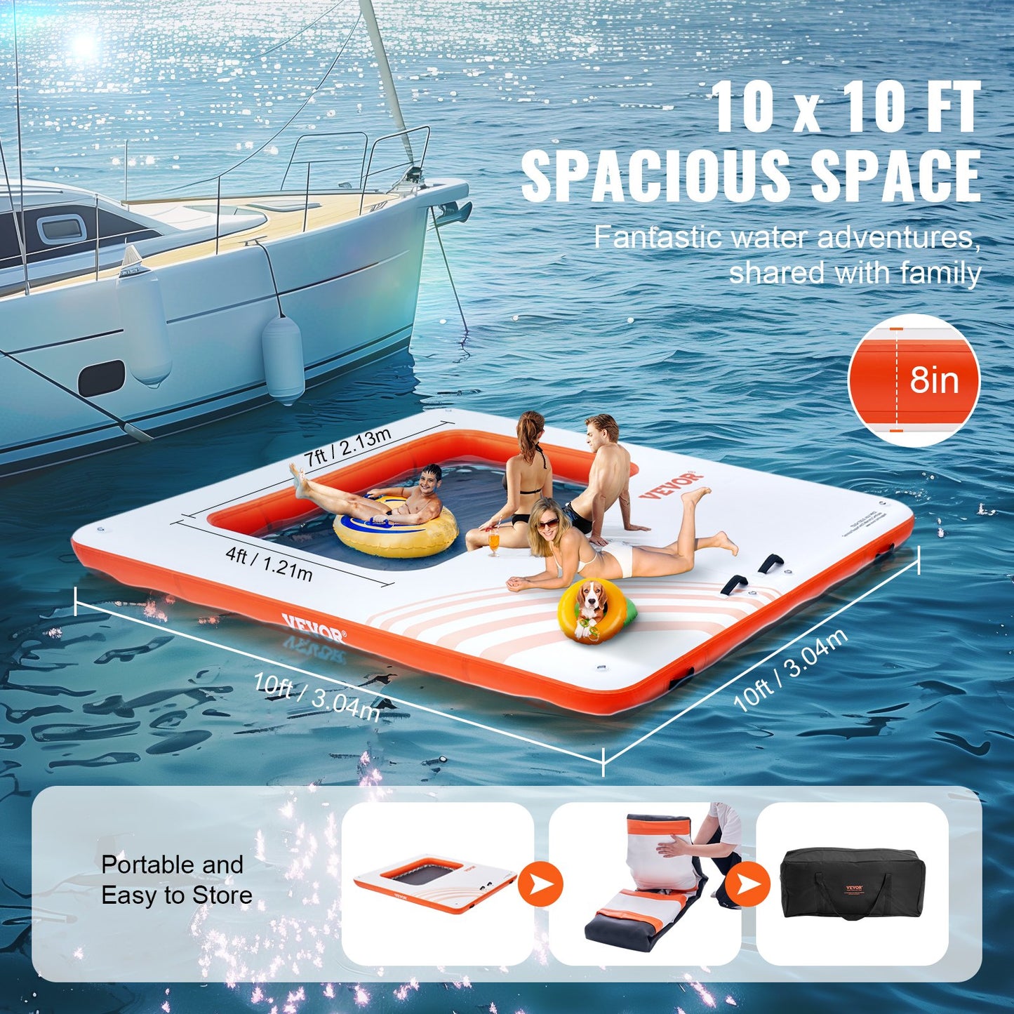 Uppblåsbar flytdocka, 10x10FT uppblåsbar dockningsplattform med 4*7FT trampolinnätbassäng, halkfri flytande plattform Vattenmatta med bärbar väska och avtagbar stege för avkoppling vid poolen