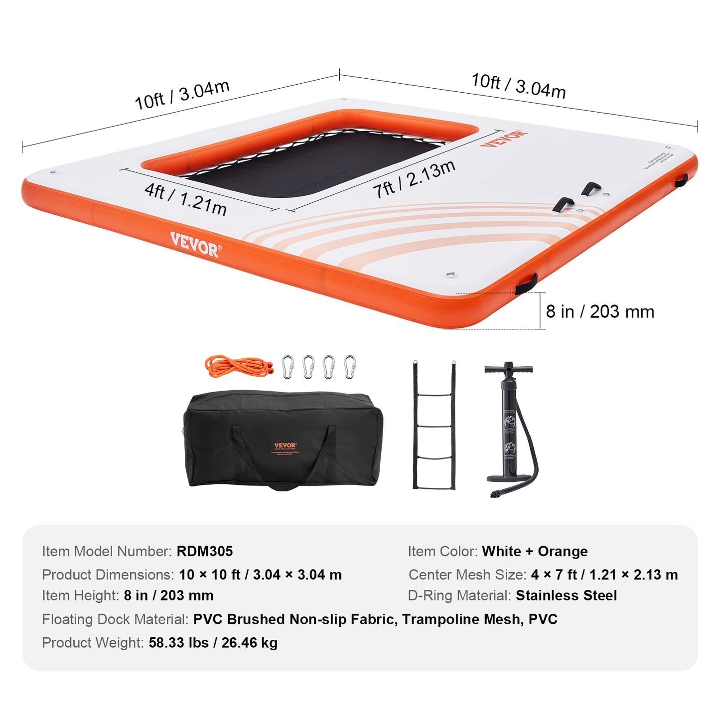 Uppblåsbar flytdocka, 10x10FT uppblåsbar dockningsplattform med 4*7FT trampolinnätbassäng, halkfri flytande plattform Vattenmatta med bärbar väska och avtagbar stege för avkoppling vid poolen