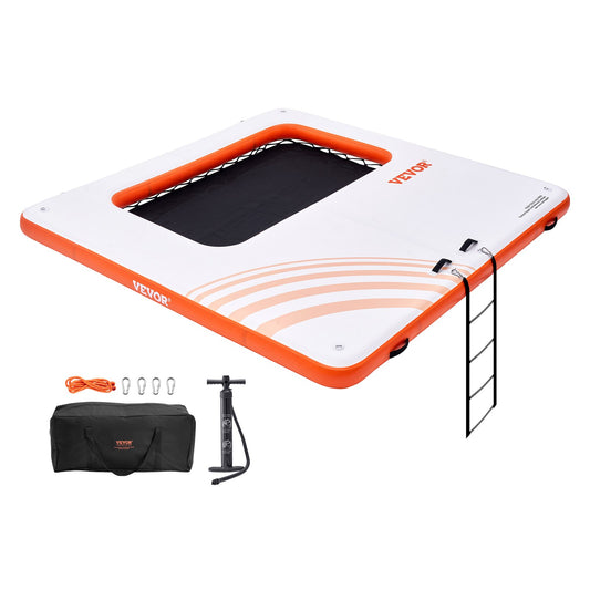 Uppblåsbar flytdocka, 10x10FT uppblåsbar dockningsplattform med 4*7FT trampolinnätbassäng, halkfri flytande plattform Vattenmatta med bärbar väska och avtagbar stege för avkoppling vid poolen