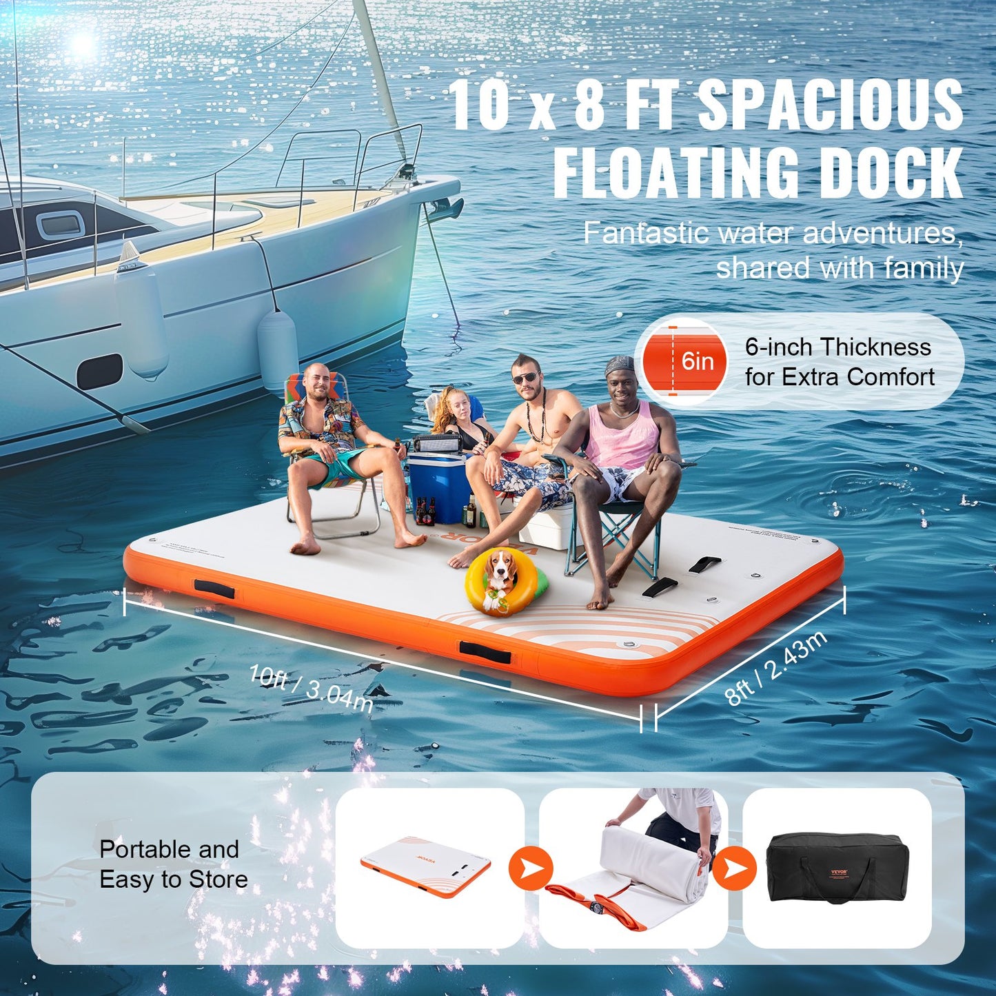 Uppblåsbar flytdocka, 10 x 8 FT uppblåsbar dockningsplattform, halkfri vattenflyttdocka matta med bärbar bärväska och löstagbar stege, flytande plattform öflotta för poolstrand Ocean