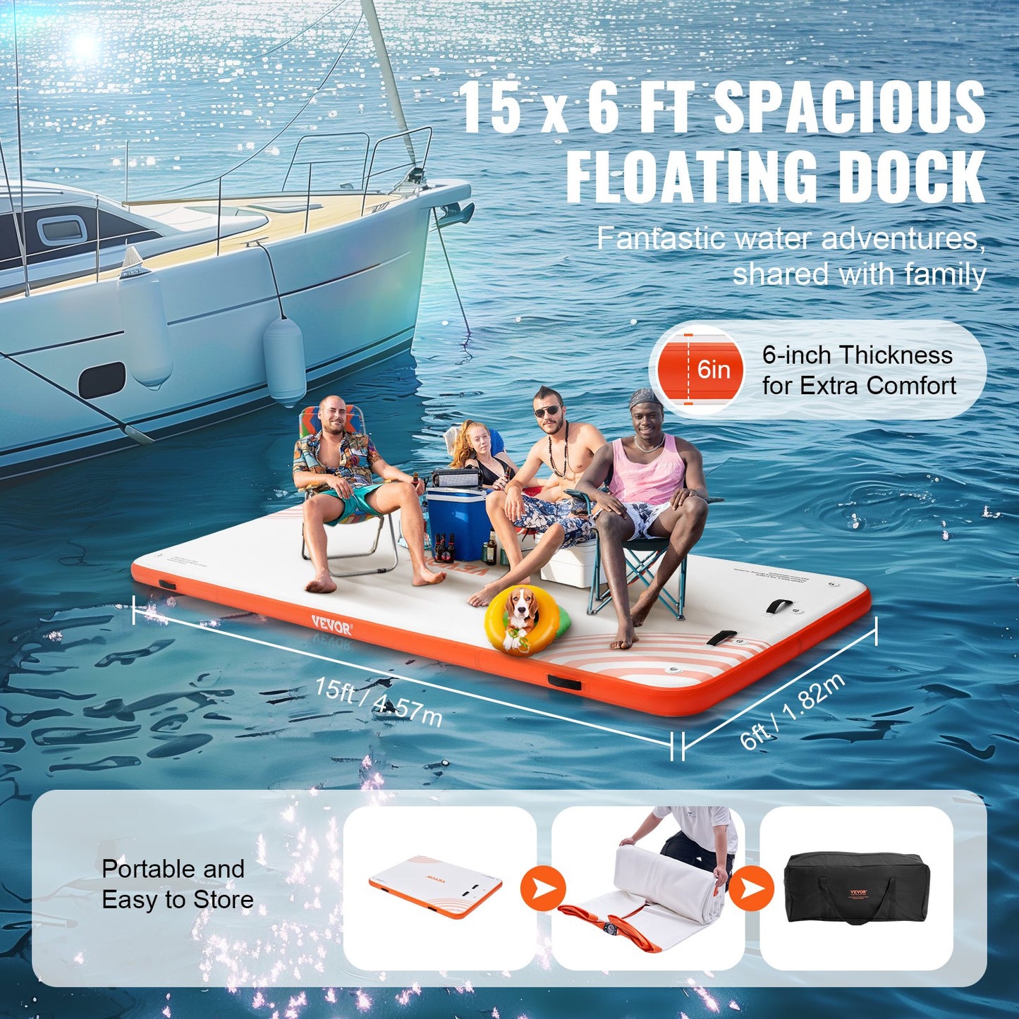 Inflatable Floating Dock, 15 x 6FT Inflatable Dock Platform, Non-Slip Water Floating Dock Mat with Portable Carry Bag and Detachable Ladder, Floating Platform Island Raft for Pool Beach Ocean
