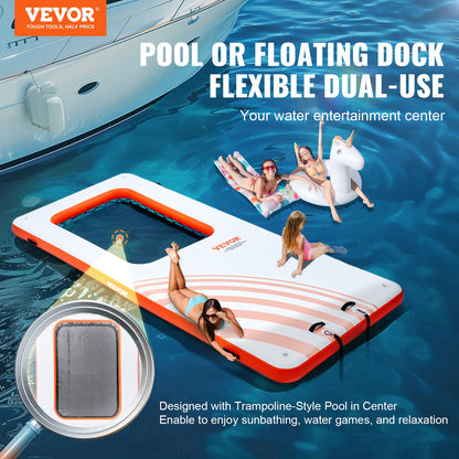 Uppblåsbar flytdocka, 15x6,5FT uppblåsbar dockningsplattform med 4*6FT studsmattameshpool, halkfri flytande plattform Vattenmatta med bärbar väska och avtagbar stege för avkoppling vid poolen