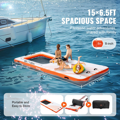 Uppblåsbar flytdocka, 15x6,5FT uppblåsbar dockningsplattform med 4*6FT studsmattameshpool, halkfri flytande plattform Vattenmatta med bärbar väska och avtagbar stege för avkoppling vid poolen