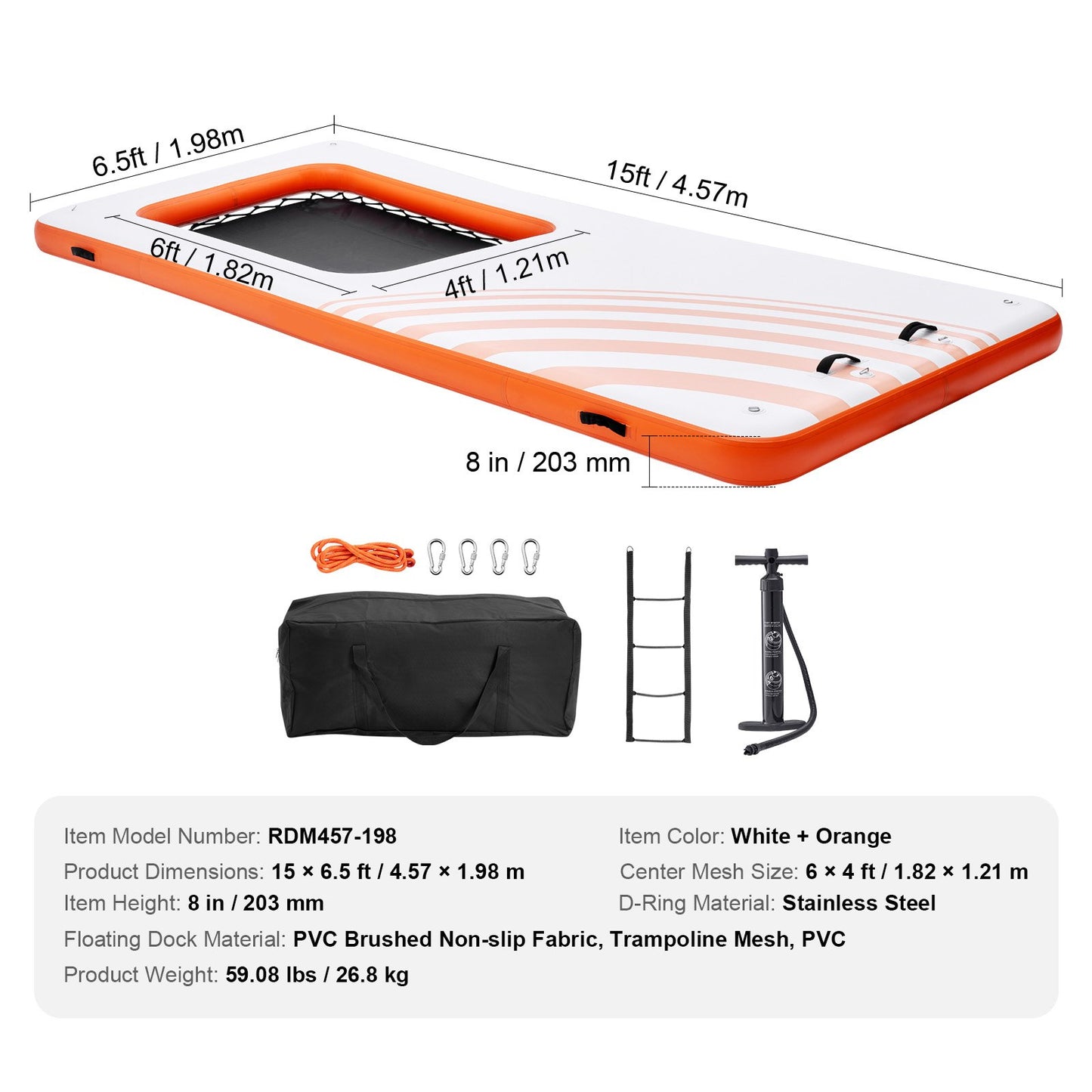 Uppblåsbar flytdocka, 15x6,5FT uppblåsbar dockningsplattform med 4*6FT studsmattameshpool, halkfri flytande plattform Vattenmatta med bärbar väska och avtagbar stege för avkoppling vid poolen