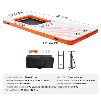 Uppblåsbar flytdocka, 15x6,5FT uppblåsbar dockningsplattform med 4*6FT studsmattameshpool, halkfri flytande plattform Vattenmatta med bärbar väska och avtagbar stege för avkoppling vid poolen