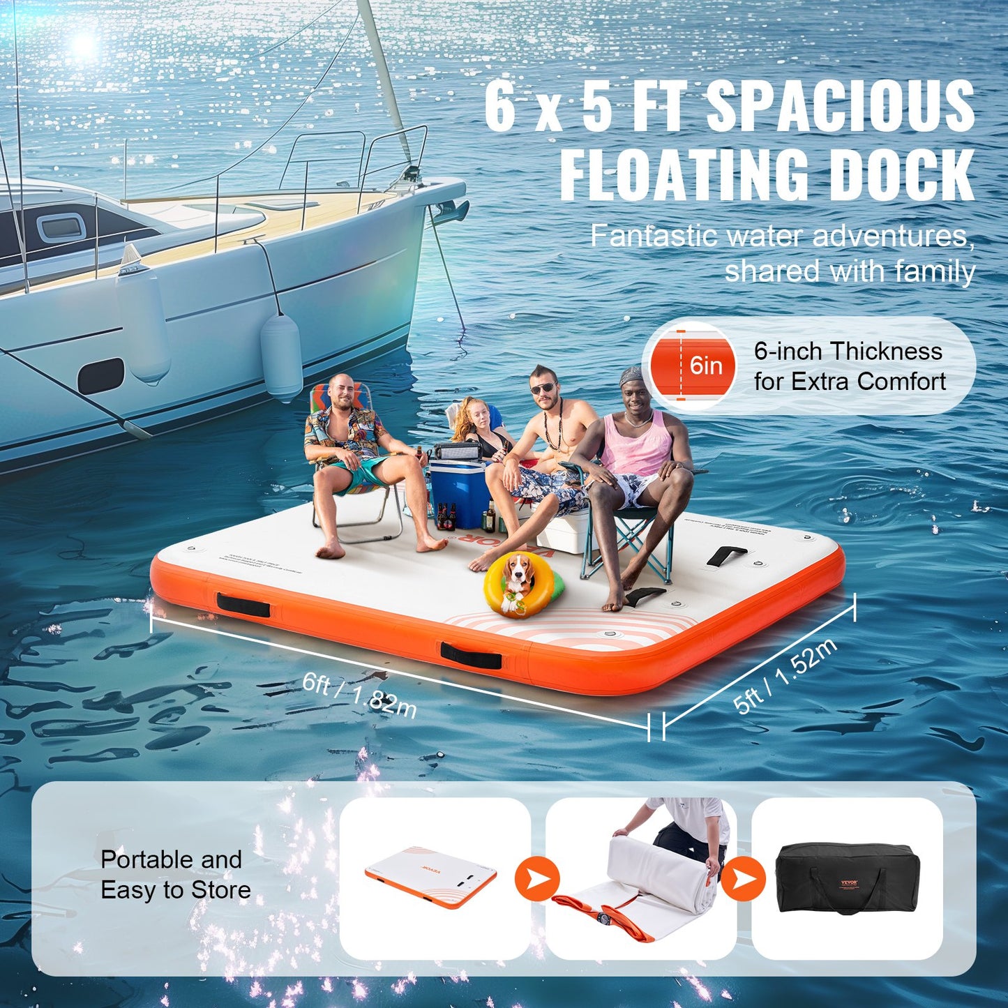 Inflatable Floating Dock, 6 x 5FT Inflatable Docking Platform, Non-Slip Water Floating Dock Mat with Portable Carry Bag and Detachable Ladder, Floating Platform Island Raft for Pool Beach Ocean
