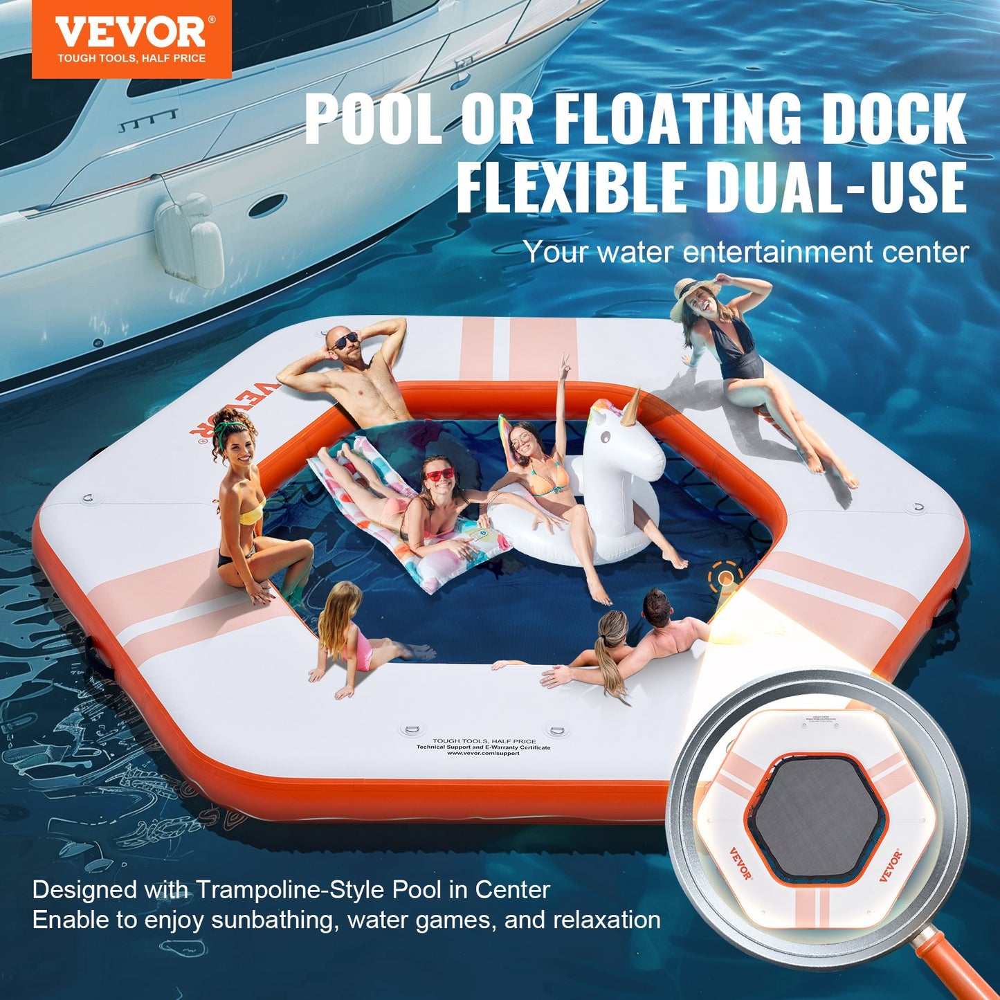 Inflatable Floating Dock, ø8.5FT Inflatable Dock Platform with ø5FT Trampoline Net Pool, Non-Slip Floating Platform Water Mat with Portable Bag and Removable Ladder for Poolside Relaxation