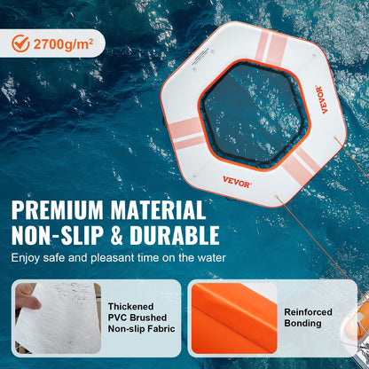 Inflatable Floating Dock, ø8.5FT Inflatable Dock Platform with ø5FT Trampoline Net Pool, Non-Slip Floating Platform Water Mat with Portable Bag and Removable Ladder for Poolside Relaxation